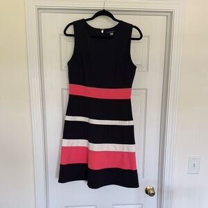 Classic Sleeveless Fit & Flare Dress in Navy with Pink and Cream Stripes